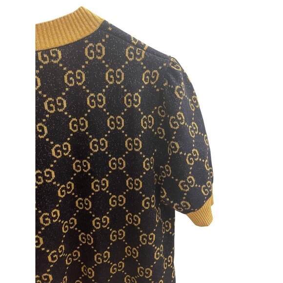 Gucci Womens Black & Gold GG Monogram Knit Short-Sleeve Dress With Pocket Detail - Picture 5 of 16